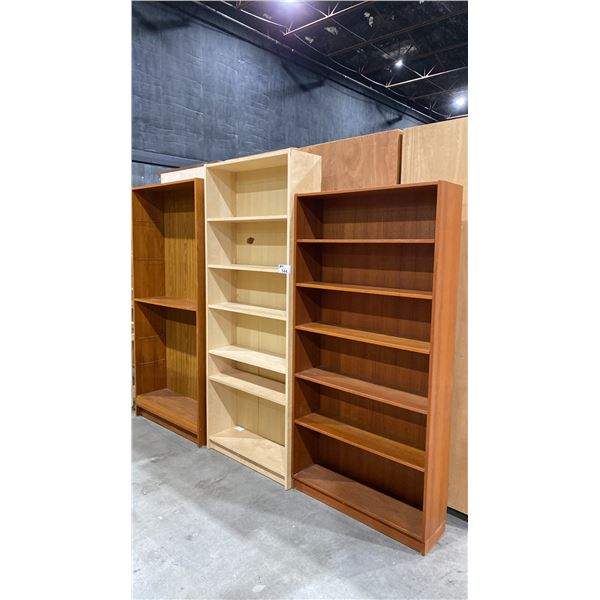 2 TEAK BOOKSHELVES & 1 CONTEMPORARY SOLID WOOD BOOKSHELF