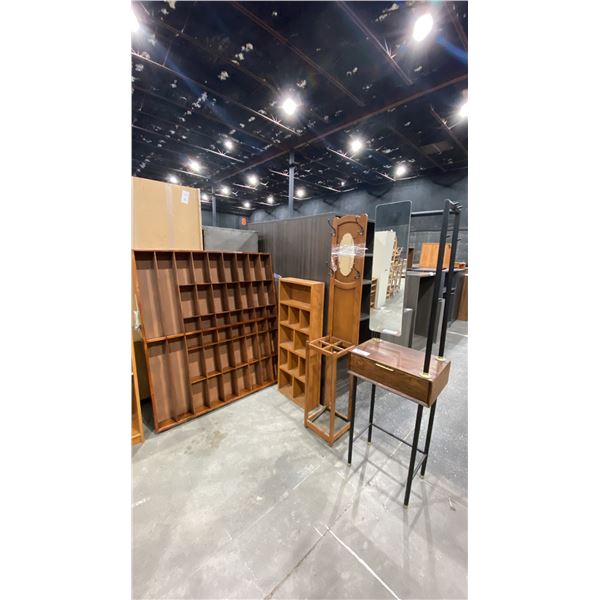 INDUSTRIAL LOOK VANITY, WOOD COAT HOOK WITH MIRROR AND 2 WOODEN ORGANIZERS