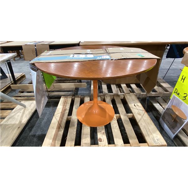 ROUND MID CENTURY MODERN TEAK TOP DINING TABLE WITH ORANGE METAL TULIP BASE