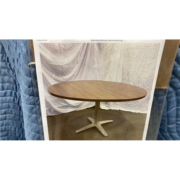 PAIR OF MODERN DARK WOOD TOP ROUND DINING TABLES WITH METAL BASES