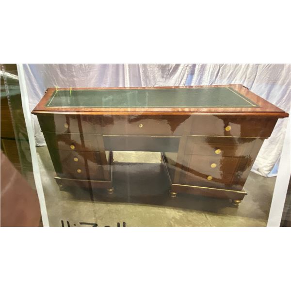 ORNATE CARVED WOOD DESK WITH LEATHER TOP