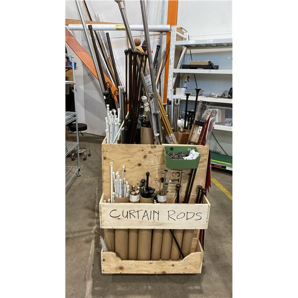 MOBILE WOOD ORGANIZER FULL OF ASSORTED CURTAIN RODS