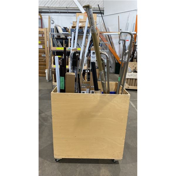 MOBILE WOOD BIN OF ASSORTED CURTAIN RODS