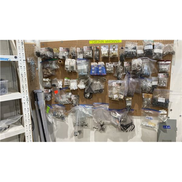 WALL OF ASSORTED CURTAIN HARDWARE *PEG BOARD NOT INCLUDED*