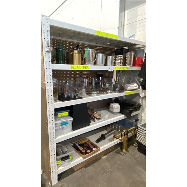 CONTENTS OF ENTIRE SHELVING UNIT- DECANTERS, BEER TAPS, BAR EQUIPMENT, ICE BUCKETS, PITCHERS, FAKE
