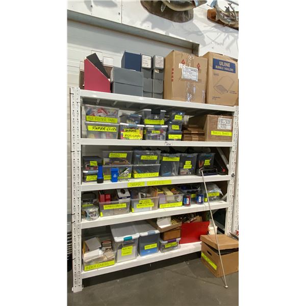 CONTENTS OF ENTIRE SHELVING UNIT- POSTAL BOXES, STAPLERS, CALCULATORS, GLUE, HOLE PUNCHES,