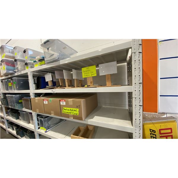 CONTENTS OF ENTIRE SHELVING UNIT- SMALL TABLE TOP WHITE BOARDS, LAPTOPS, HOTDOG TRAYS, SKEWERS &