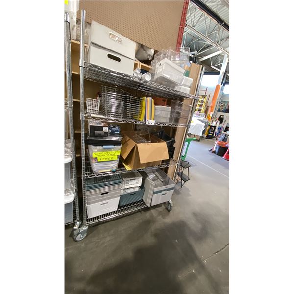 CONTENTS OF ENTIRE RACK- ASSORTED ORGANIZING BINS, DISPLAYS, PAPER & MORE