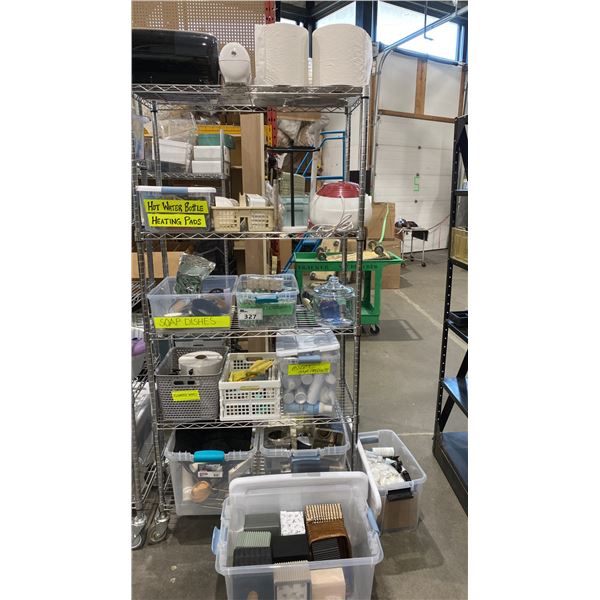 CONTENTS OF ENTIRE RACK- PAPER TOWEL DISPENSER, TISSUE BOXES, HAIR PRODUCTS, SOAP DISHES, HOT WATER