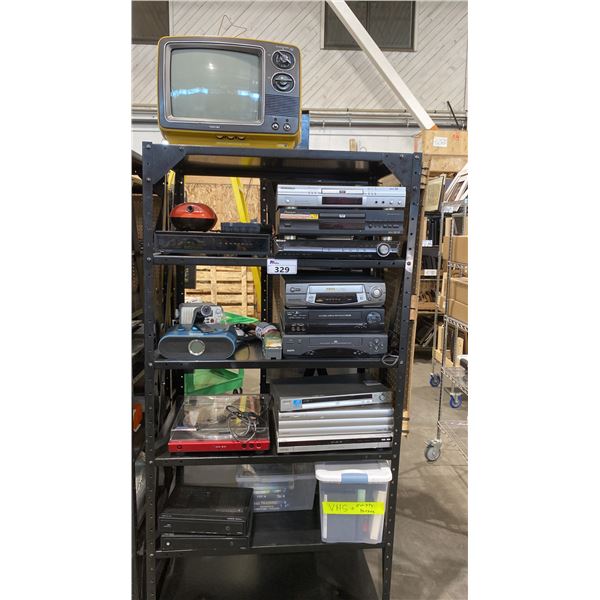 CONTENTS OF ENTIRE SHELVING UNIT- VHS PLAYERS, DVD PLAYERS, RECORD PLAYER, RADIOS, VINTAGE TV & MORE