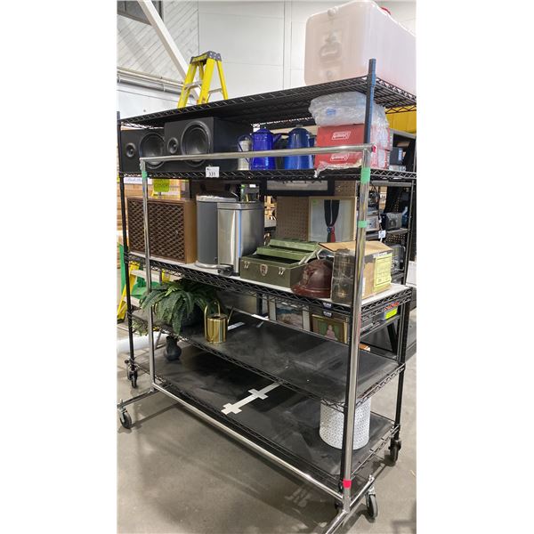 CONTENTS OF ENTIRE RACK- SPEAKERS, FAUX PLANTS, GARBAGE CANS, VINTAGE TACKLE BOX, WATER CARRIERS,