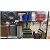 Image 3 : CONTENTS OF ENTIRE RACK- SPEAKERS, FAUX PLANTS, GARBAGE CANS, VINTAGE TACKLE BOX, WATER CARRIERS,