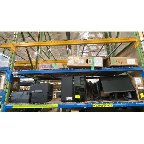 SHELF OF ASSORTED MONITORS, PRINTERS & COMPUTER TOWERS