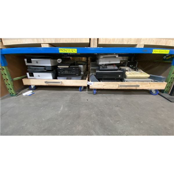 LARGE GROUP OF ASSORTED PRINTERS, CASH BOXES, MANUAL BILLING PRINTERS & MORE