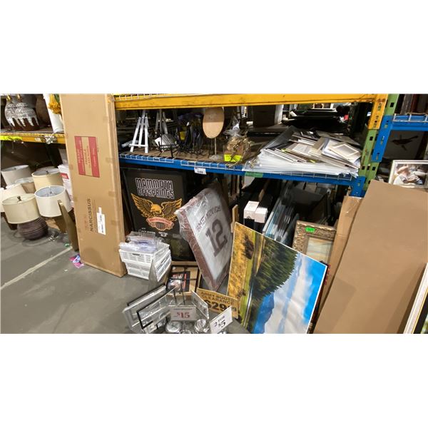 2 SHELVES OF ASSORTED PICTURE FRAMES, ARTWORK, DISPLAY SIGNS, DISPLAY PLATE STANDS, MIRROR & MORE