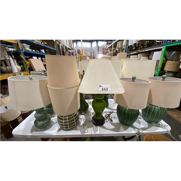 LARGE GROUP OF ASSORTED GREEN DECORATIVE TABLE LAMPS