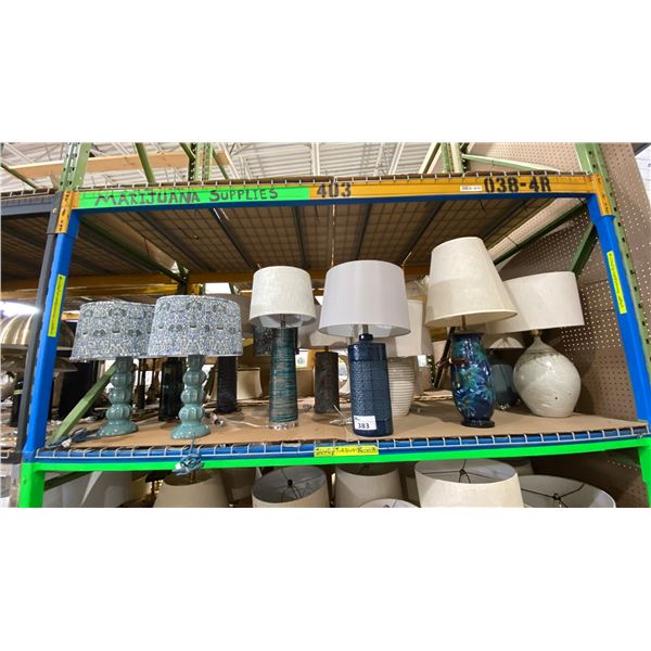 SHELF OF ASSORTED DECORATIVE TABLE LAMPS