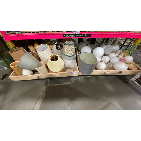 SHELF OF LAMP SHADES (WITH 2 ROLLING WOOD CARTS)