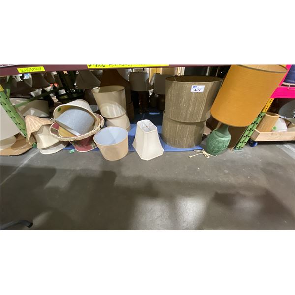 SHELF OF LAMP SHADES AND LAMPS