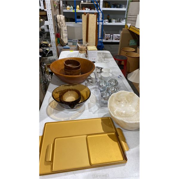 TEAK TRIPOD LAMP, STONE SALAD BOWL, DISCO BALLS AND MORE