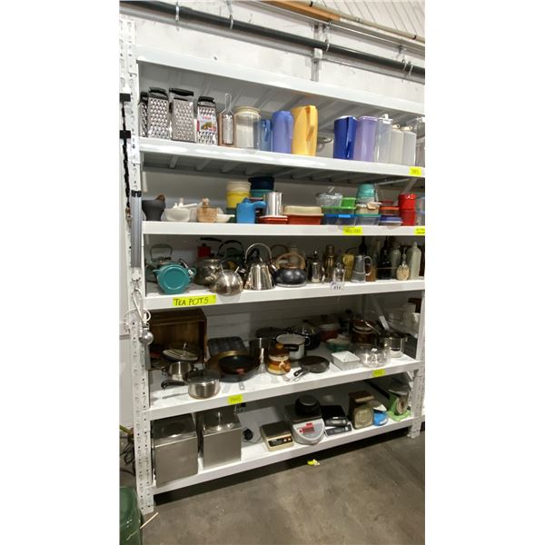 ASSORTED CONTAINERS, KETTLES, COOKWARE AND SCALES