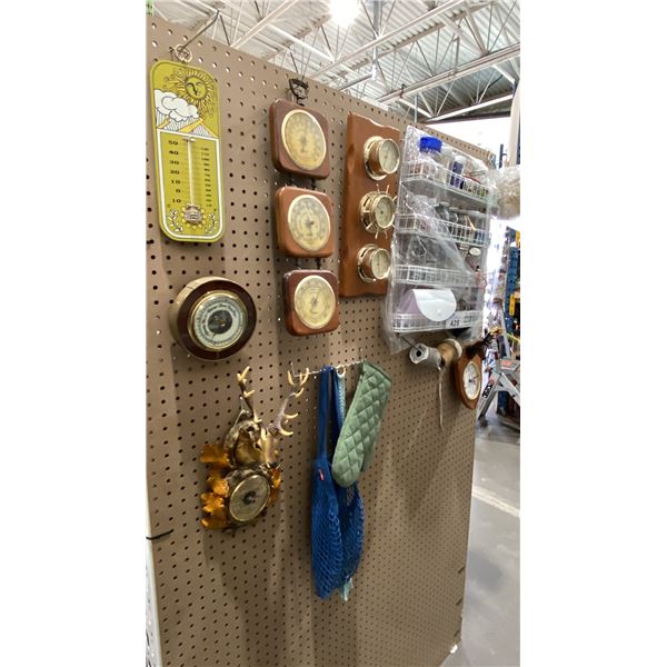 ASSORTED CLOCKS, BAROMETERS AND SEWING EQUIPMENT