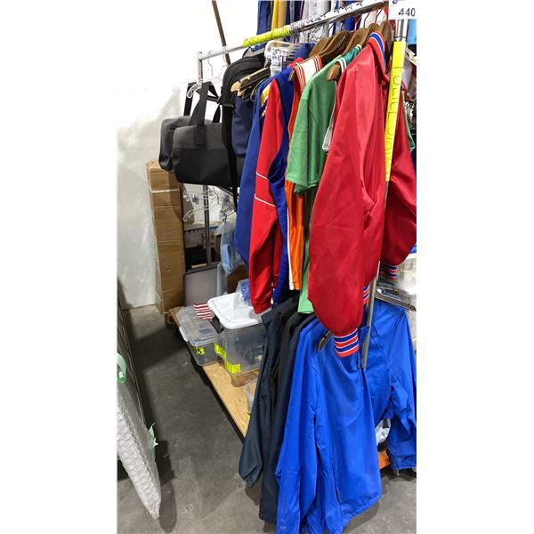 GARMENT RACK WITH ASSORTED JACKETS, SPORTSWEAR AND MORE
