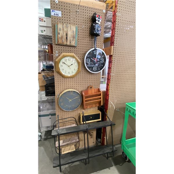 GROUP OF ASSORTED CLOCKS & WALL RACKS