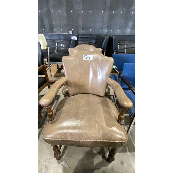2 MATCHING LEATHER AND WOOD ARM CHAIRS