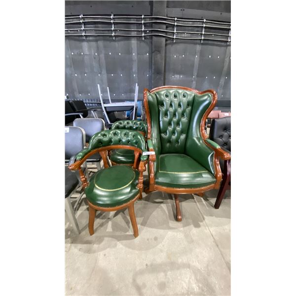 HEAVILY CARVED WOOD AND LEATHER ARM CHAIR WITH 2 MATCHING CLIENT CHAIRS
