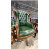 Image 3 : HEAVILY CARVED WOOD AND LEATHER ARM CHAIR WITH 2 MATCHING CLIENT CHAIRS