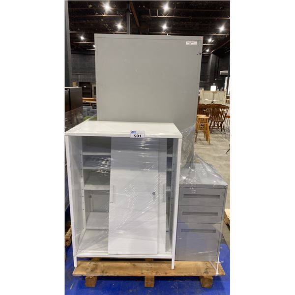 GREY METAL CONSUMABLES CABINET, SMALL GREY METAL FILING PEDESTAL & WHITE METAL SLIDING DOOR CABINET
