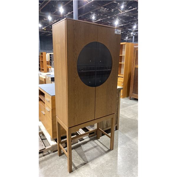 ROUND SMOKE GLASS FRONT WITH GLASS SHELVES WOODEN DISPLAY CABINET