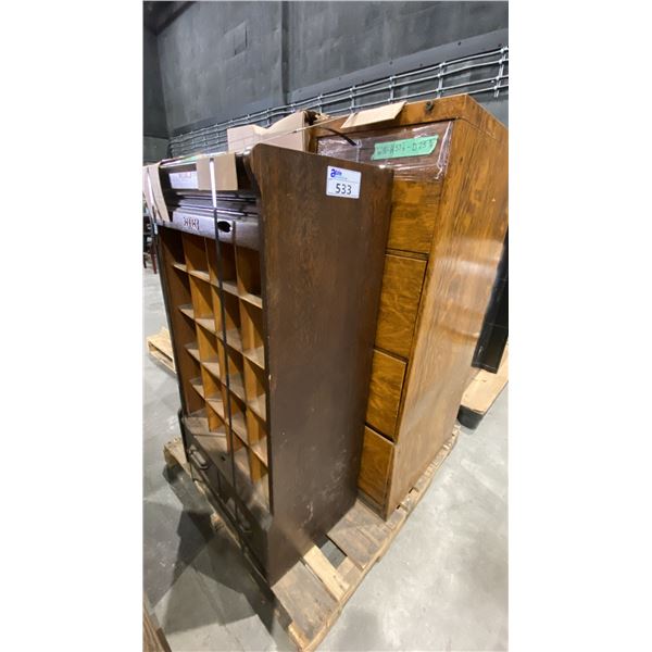 2 VINTAGE 4 DRAWER WOOD FILING CABINETS & DARK WOOD MULTI SECTION CABINET