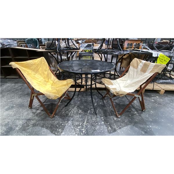 ROUND BLACK METAL BISTRO TABLE WITH 2 WOOD FRAMED FOLDING FABRIC CHAIRS