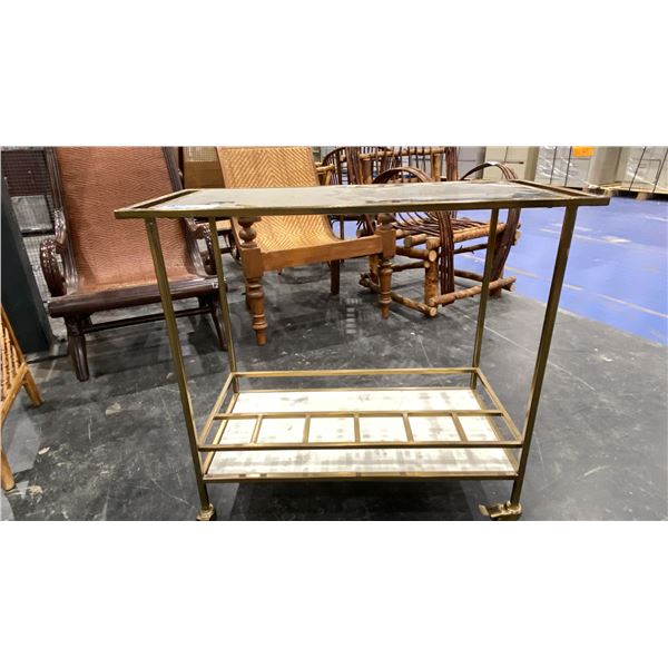 BRASS FRAMED GLASS TOP MOBILE SERVING CART