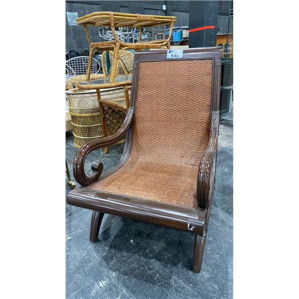 DARK WOOD PLANTATION CHAIR WITH WOVEN SEAT