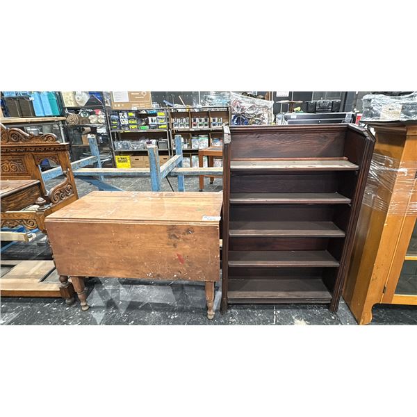 5 TIER WOOD BOOKSHELF AND WOOD TABLE WITH DROP SIDES