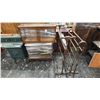 Image 1 : WOOD AND GLASS DISPLAY CABINET, 2 DRAWER HEAVILY CARVED NIGHTSTAND AND 2 ANTIQUE CLOTHES HANGERS
