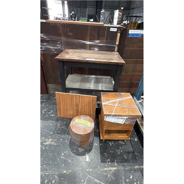 3 TIER WOOD AND STAINLESS STEEL ISLAND/TABLE, ROLLING WOOD RECORD HOLDER AND BAR STOOL RISERS