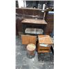 Image 1 : 3 TIER WOOD AND STAINLESS STEEL ISLAND/TABLE, ROLLING WOOD RECORD HOLDER AND BAR STOOL RISERS