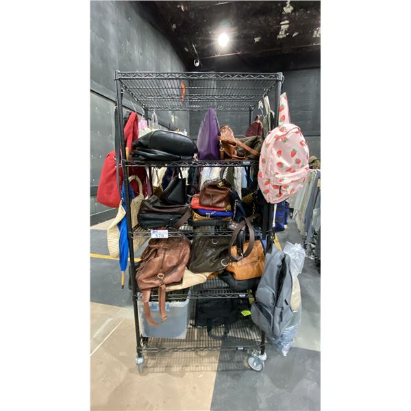 CONTENTS OF RACK- ASSORTED PURSES, BAGS, BACKPACKS, LAPTOP BAGS, UMBRELLAS & MORE
