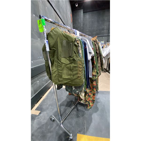 MOBILE CLOTHING RACK WITH ASSORTED SET DEC WARDROBE-ARMY CLOTHES, CARGO SHORTS, TSHIRTS