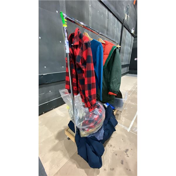 MOBILE CLOTHING RACK WITH ASSORTED SET DEC WARDROBE-JACKETS, FLANNEL SWEATERS, SWEATERS, BOOTS