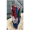 Image 1 : MOBILE CLOTHING RACK WITH ASSORTED SET DEC WARDROBE-JACKETS, FLANNEL SWEATERS, SWEATERS, BOOTS