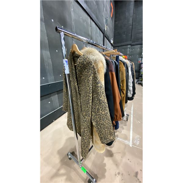 MOBILE CLOTHING RACK WITH ASSORTED SET DEC WARDROBE-UNISEX LEATHER COATS, FANCY COATS