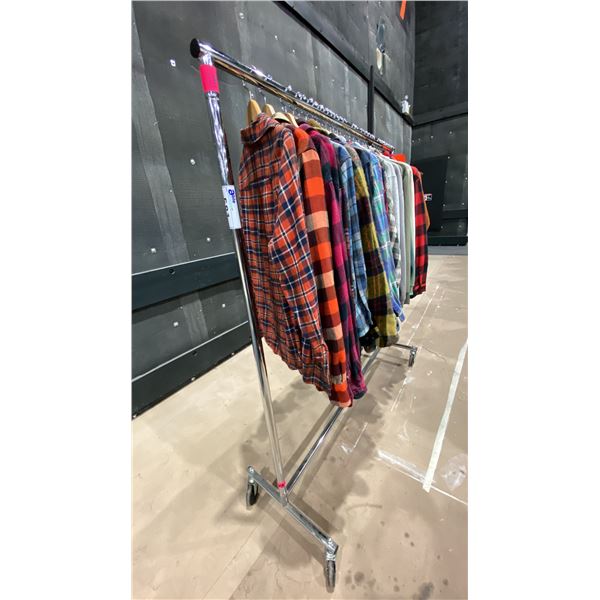 MOBILE CLOTHING RACK WITH ASSORTED SET DEC WARDROBE- MENS HOODIES, FLANNELS, VESTS