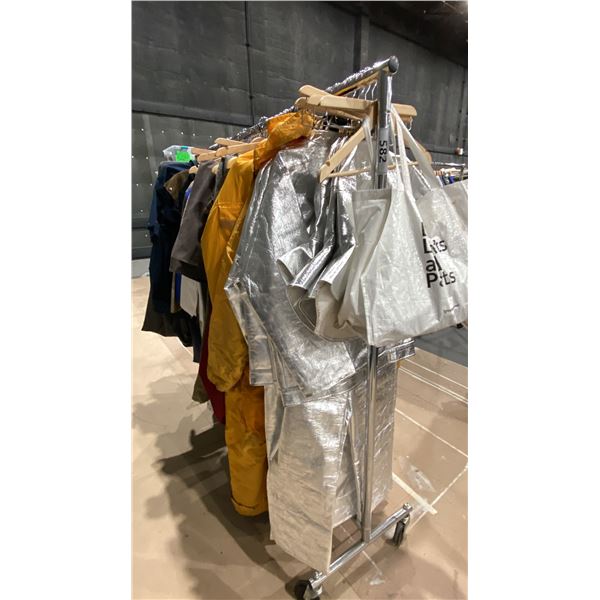 MOBILE CLOTHING RACK WITH ASSORTED SET DEC WARDROBE- UNISEX UNIFORMS, WORK GEAR, HOSPITAL GOWNS