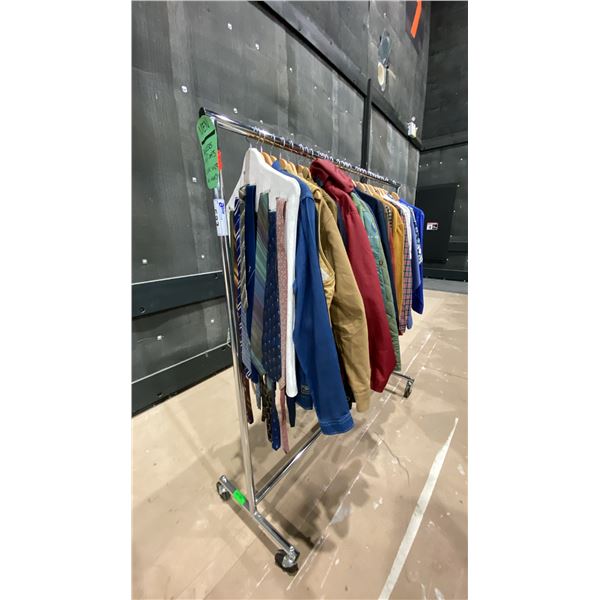 MOBILE CLOTHING RACK WITH ASSORTED SET DEC WARDROBE- MENS BLAZERS, LIGHT COATS, COLLAR SHIRTS, JEAN