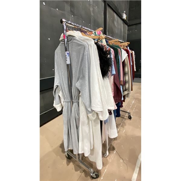MOBILE CLOTHING RACK WITH ASSORTED SET DEC WARDROBE- WOMENS SWEAT PANTS, SWEATERS, HOUSECOATS